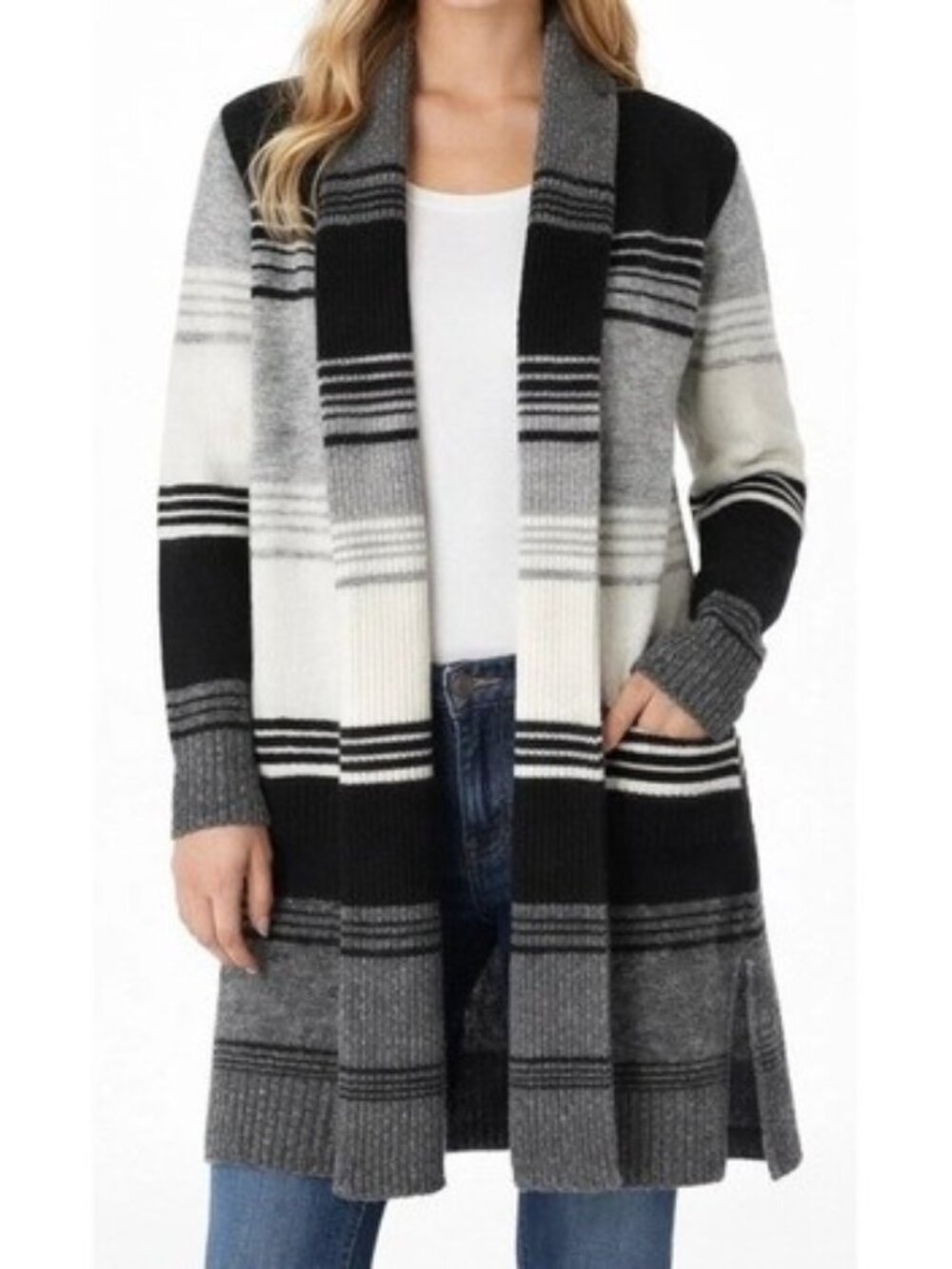 Trim True Women's Black/White/Gray Striped Cardigan Size 12-14